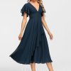 Formal & Evening | A-line V-Neck Tea-Length Chiffon Evening Dress With Cascading Ruffles Dark Navy – Womens