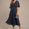 Formal & Evening | A-line V-Neck Tea-Length Chiffon Evening Dress With Pleated As Picture – Womens