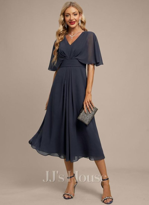 Formal & Evening | A-line V-Neck Tea-Length Chiffon Evening Dress With Pleated As Picture – Womens