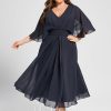 Formal & Evening | A-line V-Neck Tea-Length Chiffon Evening Dress With Pleated As Picture – Womens