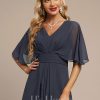 Formal & Evening | A-line V-Neck Tea-Length Chiffon Evening Dress With Pleated As Picture – Womens