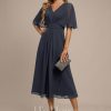 Formal & Evening | A-line V-Neck Tea-Length Chiffon Evening Dress With Pleated As Picture – Womens