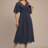 Formal & Evening | A-line V-Neck Tea-Length Chiffon Evening Dress With Pleated As Picture – Womens