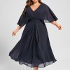 Formal & Evening | A-line V-Neck Tea-Length Chiffon Evening Dress With Pleated As Picture – Womens