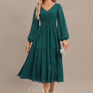 Formal & Evening | A-line V-Neck Tea-Length Chiffon Evening Dress With Pleated Peacock – Womens