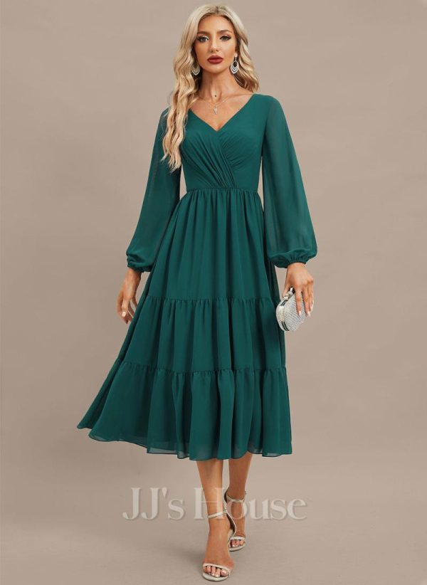 Formal & Evening | A-line V-Neck Tea-Length Chiffon Evening Dress With Pleated Peacock – Womens