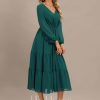 Formal & Evening | A-line V-Neck Tea-Length Chiffon Evening Dress With Pleated Peacock – Womens