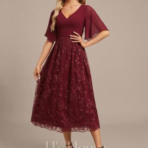 Formal & Evening | A-line V-Neck Tea-Length Lace Chiffon Evening Dress With Sequins As Picture – Womens