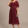 Formal & Evening | A-line V-Neck Tea-Length Lace Chiffon Evening Dress With Sequins As Picture – Womens