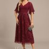 Formal & Evening | A-line V-Neck Tea-Length Lace Chiffon Evening Dress With Sequins As Picture – Womens