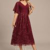 Formal & Evening | A-line V-Neck Tea-Length Lace Chiffon Evening Dress With Sequins As Picture – Womens