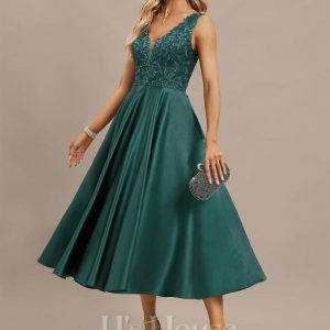 Formal & Evening | A-line V-Neck Tea-Length Satin Lace Evening Dress With Sequins Peacock – Womens