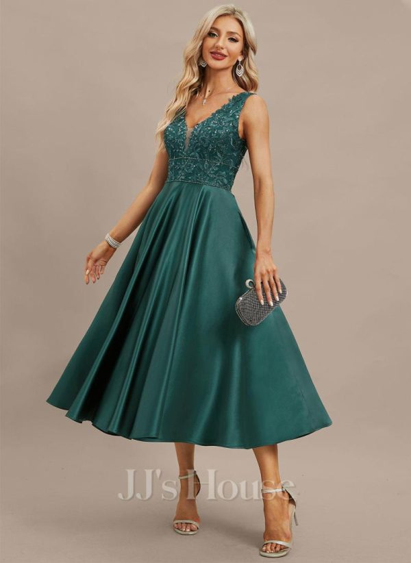 Formal & Evening | A-line V-Neck Tea-Length Satin Lace Evening Dress With Sequins Peacock – Womens