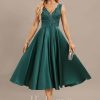 Formal & Evening | A-line V-Neck Tea-Length Satin Lace Evening Dress With Sequins Peacock – Womens