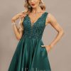 Formal & Evening | A-line V-Neck Tea-Length Satin Lace Evening Dress With Sequins Peacock – Womens