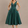 Formal & Evening | A-line V-Neck Tea-Length Satin Lace Evening Dress With Sequins Peacock – Womens