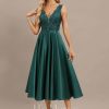 Formal & Evening | A-line V-Neck Tea-Length Satin Lace Evening Dress With Sequins Peacock – Womens