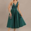 Formal & Evening | A-line V-Neck Tea-Length Satin Lace Evening Dress With Sequins Peacock – Womens