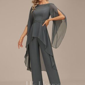 Formal & Evening | Jumpsuit/Pantsuit Boat Neck Floor-Length Chiffon Evening Dress With Appliques Lace Steel Grey – Womens