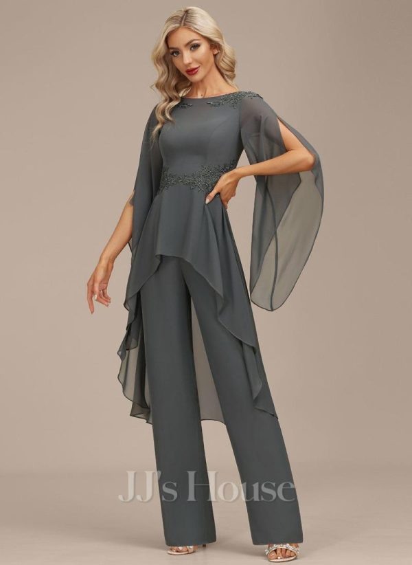 Formal & Evening | Jumpsuit/Pantsuit Boat Neck Floor-Length Chiffon Evening Dress With Appliques Lace Steel Grey – Womens