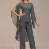 Formal & Evening | Jumpsuit/Pantsuit Boat Neck Floor-Length Chiffon Evening Dress With Appliques Lace Steel Grey – Womens