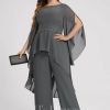 Formal & Evening | Jumpsuit/Pantsuit Boat Neck Floor-Length Chiffon Evening Dress With Appliques Lace Steel Grey – Womens