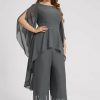 Formal & Evening | Jumpsuit/Pantsuit Boat Neck Floor-Length Chiffon Evening Dress With Appliques Lace Steel Grey – Womens