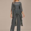 Formal & Evening | Jumpsuit/Pantsuit Boat Neck Floor-Length Chiffon Evening Dress With Appliques Lace Steel Grey – Womens