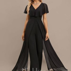 Formal & Evening | Jumpsuit/Pantsuit V-Neck Floor-Length Chiffon Evening Dress Black – Womens