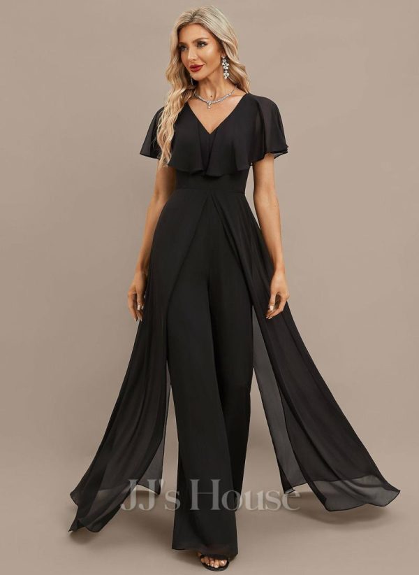 Formal & Evening | Jumpsuit/Pantsuit V-Neck Floor-Length Chiffon Evening Dress Black – Womens