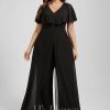 Formal & Evening | Jumpsuit/Pantsuit V-Neck Floor-Length Chiffon Evening Dress Black – Womens