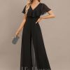 Formal & Evening | Jumpsuit/Pantsuit V-Neck Floor-Length Chiffon Evening Dress Black – Womens