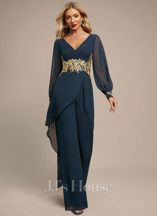 Formal & Evening | Jumpsuit/Pantsuit V-Neck Floor-Length Chiffon Evening Dress With Appliques Lace Dark Navy – Womens