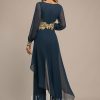 Formal & Evening | Jumpsuit/Pantsuit V-Neck Floor-Length Chiffon Evening Dress With Appliques Lace Dark Navy – Womens