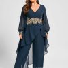 Formal & Evening | Jumpsuit/Pantsuit V-Neck Floor-Length Chiffon Evening Dress With Appliques Lace Dark Navy – Womens