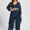 Formal & Evening | Jumpsuit/Pantsuit V-Neck Floor-Length Chiffon Evening Dress With Appliques Lace Dark Navy – Womens