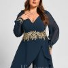 Formal & Evening | Jumpsuit/Pantsuit V-Neck Floor-Length Chiffon Evening Dress With Appliques Lace Dark Navy – Womens