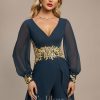 Formal & Evening | Jumpsuit/Pantsuit V-Neck Floor-Length Chiffon Evening Dress With Appliques Lace Dark Navy – Womens