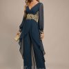 Formal & Evening | Jumpsuit/Pantsuit V-Neck Floor-Length Chiffon Evening Dress With Appliques Lace Dark Navy – Womens