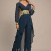 Formal & Evening | Jumpsuit/Pantsuit V-Neck Floor-Length Chiffon Evening Dress With Appliques Lace Dark Navy – Womens