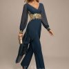 Formal & Evening | Jumpsuit/Pantsuit V-Neck Floor-Length Chiffon Evening Dress With Appliques Lace Dark Navy – Womens