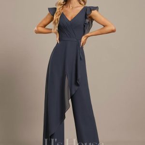 Formal & Evening | Jumpsuit/Pantsuit V-Neck Floor-Length Chiffon Evening Dress With Bow Pleated As Picture – Womens