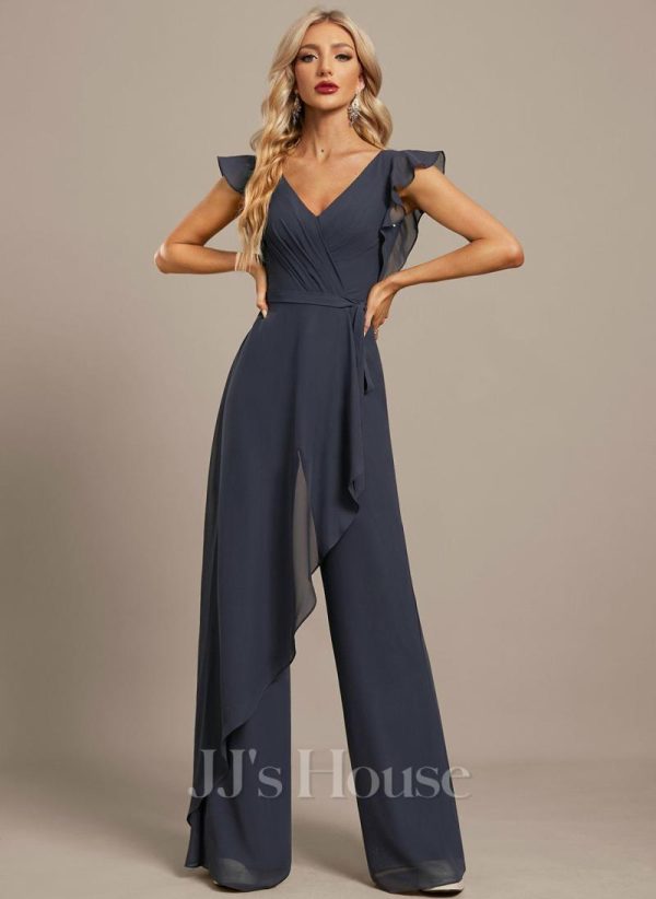 Formal & Evening | Jumpsuit/Pantsuit V-Neck Floor-Length Chiffon Evening Dress With Bow Pleated As Picture – Womens