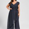 Formal & Evening | Jumpsuit/Pantsuit V-Neck Floor-Length Chiffon Evening Dress With Bow Pleated As Picture – Womens