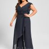 Formal & Evening | Jumpsuit/Pantsuit V-Neck Floor-Length Chiffon Evening Dress With Bow Pleated As Picture – Womens