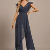 Formal & Evening | Jumpsuit/Pantsuit V-Neck Floor-Length Chiffon Evening Dress With Bow Pleated As Picture – Womens