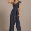 Formal & Evening | Jumpsuit/Pantsuit V-Neck Floor-Length Chiffon Evening Dress With Bow Pleated As Picture – Womens