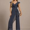 Formal & Evening | Jumpsuit/Pantsuit V-Neck Floor-Length Chiffon Evening Dress With Bow Pleated As Picture – Womens