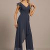 Formal & Evening | Jumpsuit/Pantsuit V-Neck Floor-Length Chiffon Evening Dress With Bow Pleated As Picture – Womens