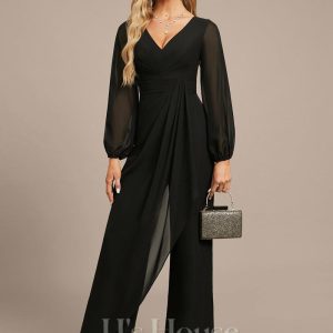 Formal & Evening | Jumpsuit/Pantsuit V-Neck Floor-Length Chiffon Evening Dress With Cascading Ruffles Black – Womens